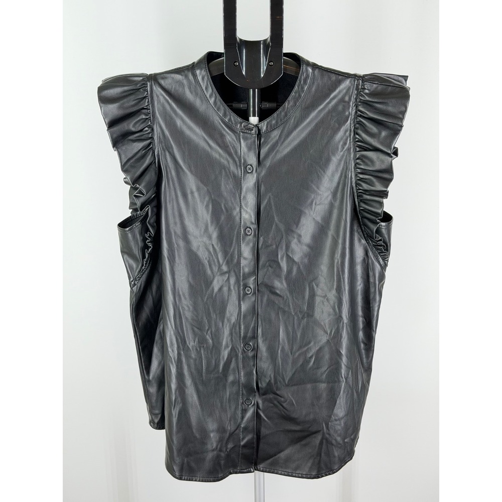 Express Gramercy Black Faux Leather Ruffle Shoulder Sleeveless Button Down Top L